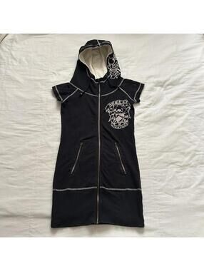 D.i.a. Black & white zip up hoodie dress with skull and roses design Size XS